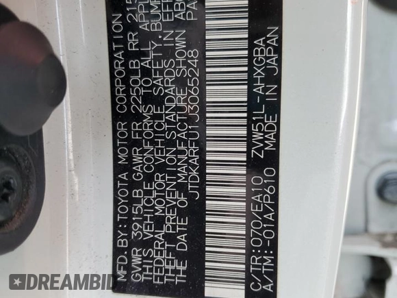 2018 Toyota Prius Two with VIN JTDKARFU1J3065248, listed as a Copart auction lot 56168125 with Not Provided miles and Salvage Title. Bid and sale history available at DreamBid. Image 13.