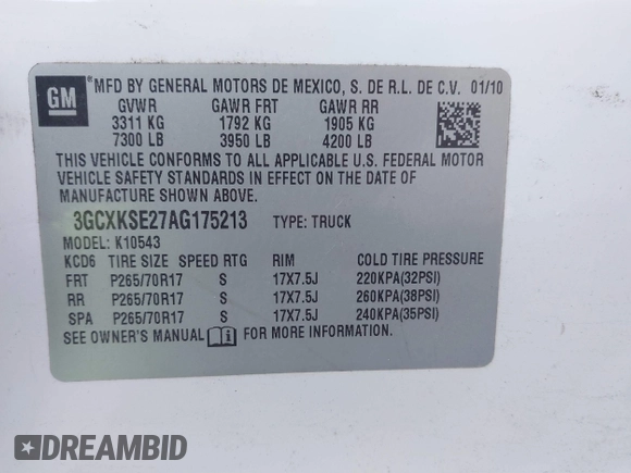 2010 Chevrolet Silverado 1500 with VIN 3GCXKSE27AG175213, listed as a IAAI auction lot 41622417 with 247,053 mi miles and . Bid and sale history available at DreamBid. Image 9.