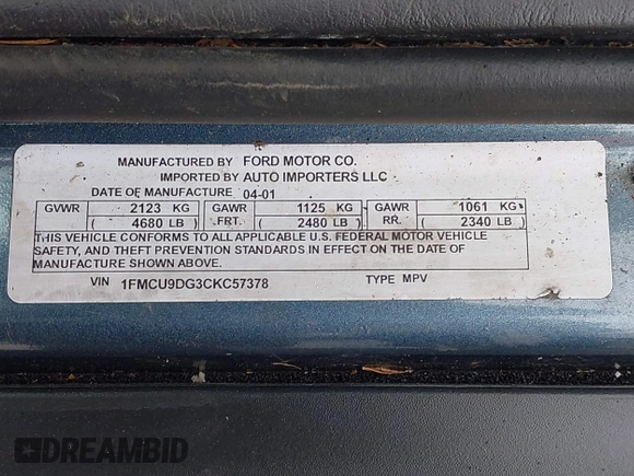 2012 Ford Escape XLT с VIN 1FMCU9DG3CKC57378, выставлен на аукционе IAAI как лот 42382844 с пробегом 143 644 миль миль и . История ставок и продаж доступна на DreamBid. Изображение 9.