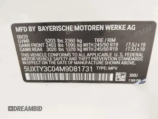2021 BMW X3 sDrive30i with VIN 5UXTY3C04M9D81731, listed as a IAAI auction lot 41921255 with 81,047 mi miles and . Bid and sale history available at DreamBid. Image 9.