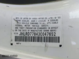 2003 Honda CR-V EX with VIN JHLRD77843C047652, listed as a IAAI auction lot 41932858 with 209,595 mi miles. Bid and sale history available at carsss.com. Image 9.