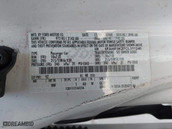 2012 Ford Focus SE with VIN 1FAHP3K27CL311240, listed as a IAAI auction lot 42029992 with 166,688 mi miles. Bid and sale history available at carsss.com. Image 9.