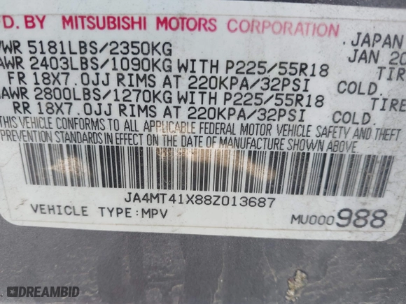 2008 Mitsubishi Outlander XLS with VIN JA4MT41X88Z013687, listed as a IAAI auction lot 41941061 with 170,526 mi miles. Bid and sale history available at carsss.com. Image 9.