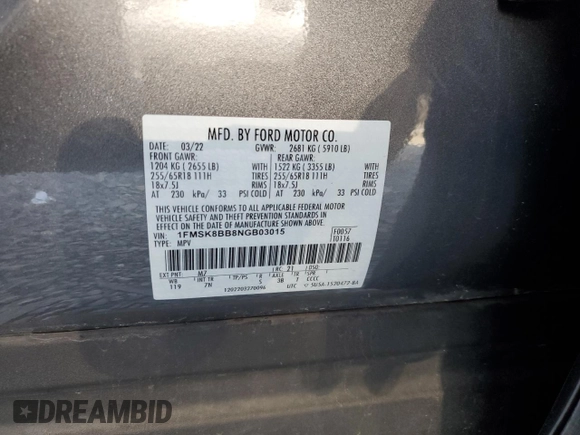 2022 Ford Explorer z VIN 1FMSK8BB8NGB03015, wystawiony jako Copart lot #53102585 z przebiegiem Nie podano mil oraz Szkoda całkowita • Salvage title. Historia ofert i sprzedaży dostępna na DreamBid. Obrazek 13.