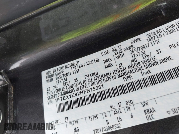 2017 Ford F-150 XL with VIN 1FTEX1E82HFB75381, listed as a IAAI auction lot 41583133 with 40,675 mi miles. Bid and sale history available at carsss.com. Image 9.