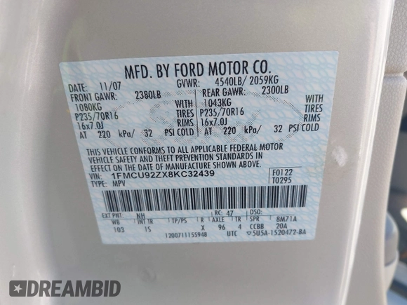 2008 Ford Escape XLS с VIN 1FMCU92ZX8KC32439, выставлен на аукционе IAAI как лот 41793317 с пробегом 115 831 миль миль и . История ставок и продаж доступна на DreamBid. Изображение 9.