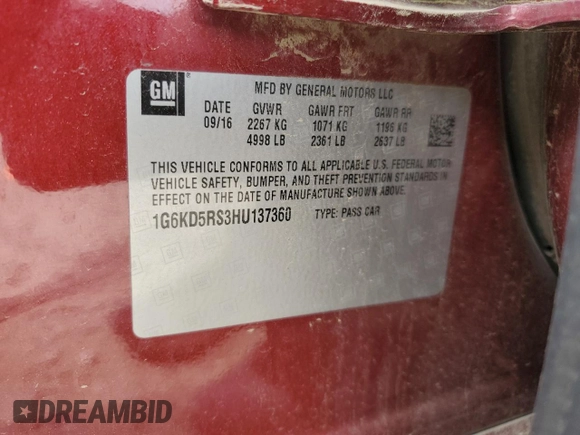 2017 Cadillac CT6 Luxury AWD with VIN 1G6KD5RS3HU137360, listed as a Copart auction lot 53444425 with 123,131 mi miles and Salvage title. Bid and sale history available at DreamBid. Image 12.
