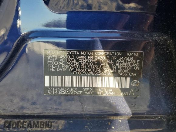 2011 Lexus IS 350 with VIN JTHBE5C2XB5026016, listed as a Copart auction lot 43250115 with 0 mi miles and Salvage Title. Bid and sale history available at carsss.com. Image 12.