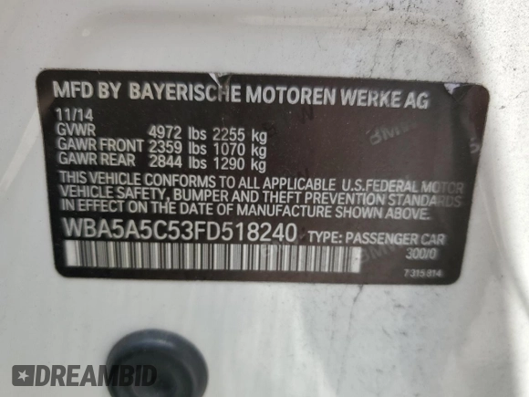 2015 BMW 5 Series 528i z VIN WBA5A5C53FD518240, wystawiony jako Copart lot #56024965 z przebiegiem 194 621 mil mil oraz Szkoda całkowita • Salvage title. Historia ofert i sprzedaży dostępna na DreamBid. Obrazek 12.