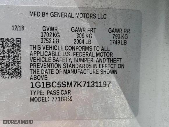 2019 Chevrolet Cruze LS with VIN 1G1BC5SM7K7131197, listed as a Copart auction lot 63203424 with 55,135 mi miles and Salvage Title. Bid and sale history available at carsss.com. Image 13.