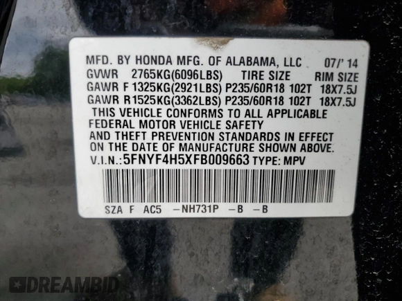 2015 Honda Pilot EX-L z VIN 5FNYF4H5XFB009663, wystawiony jako Copart lot #57691155 z przebiegiem 157 381 mil mil oraz Szkoda całkowita • Salvage title. Historia ofert i sprzedaży dostępna na DreamBid. Obrazek 13.
