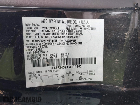 2004 Ford Focus SE with VIN 1FAFP34394W114485, listed as a IAAI auction lot 42737378 with 104,817 mi miles and . Bid and sale history available at DreamBid. Image 9.