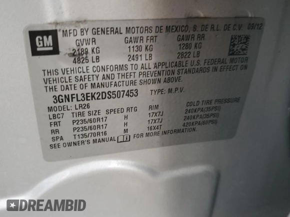 2013 Chevrolet Captiva Sport LT with VIN 3GNFL3EK2DS507453, listed as a Copart auction lot 83988774 with 133,901 mi miles and Salvage Title. Bid and sale history available at DreamBid. Image 16.