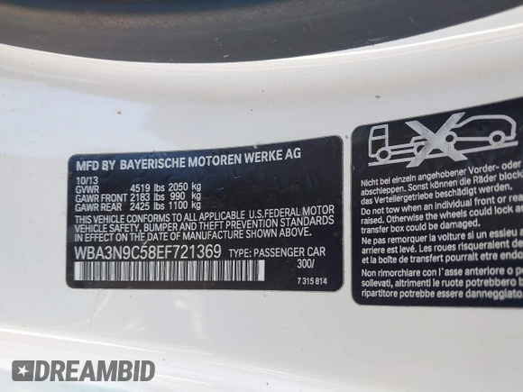 2014 BMW 4 Series 428i xDrive with VIN WBA3N9C58EF721369, listed as a IAAI auction lot 41768891 with 181,068 mi miles and . Bid and sale history available at DreamBid. Image 9.