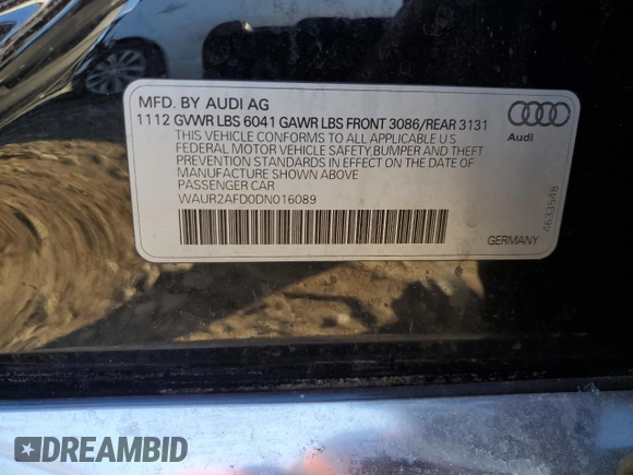 2013 Audi A8 L 4.0L with VIN WAUR2AFD0DN016089, listed as a Copart auction lot 86734844 with 0 mi miles and Salvage Title. Bid and sale history available at carsss.com. Image 14.