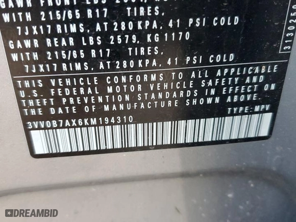 2019 Volkswagen Tiguan S with VIN 3VV0B7AX6KM194310, listed as a Copart auction lot 85725874 with 54,895 mi miles and Salvage Title. Bid and sale history available at carsss.com. Image 14.