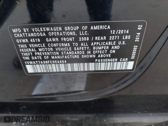 2015 Volkswagen Passat 1.8T Limited Edition with VIN 1VWAT7A36FC054484, listed as a IAAI auction lot 42078125 with 119,550 mi miles. Bid and sale history available at carsss.com. Image 9.