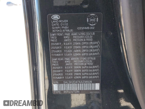 2010 Land Rover Range Rover Sport HSE Lux с VIN SALSK2D47AA238928, выставлен на аукционе IAAI как лот 42762024 с пробегом 265 751 миль миль и . История ставок и продаж доступна на DreamBid. Изображение 9.