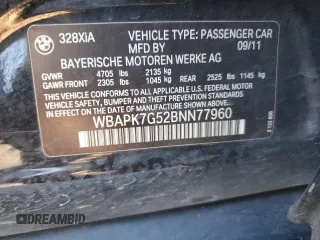 2011 BMW 3 Series 328i xDrive with VIN WBAPK7G52BNN77960, listed as a Copart auction lot 87722225 with 198,179 mi miles and Salvage Title. Bid and sale history available at carsss.com. Image 12.