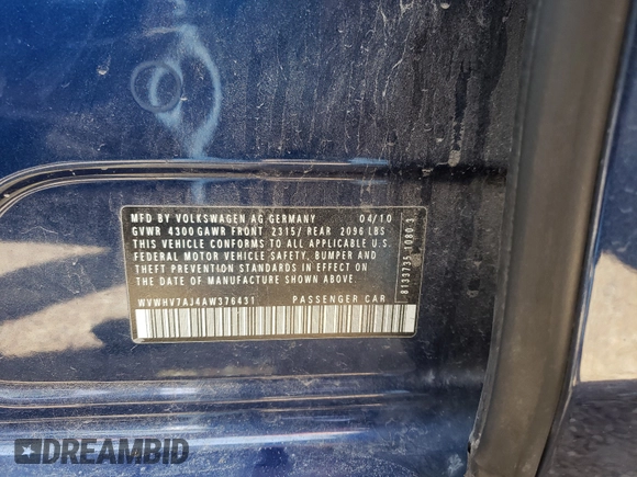 2010 Volkswagen Golf GTI with VIN WVWHV7AJ4AW376431, listed as a Copart auction lot 69883014 with 185,644 mi miles and Salvage title. Bid and sale history available at DreamBid. Image 10.
