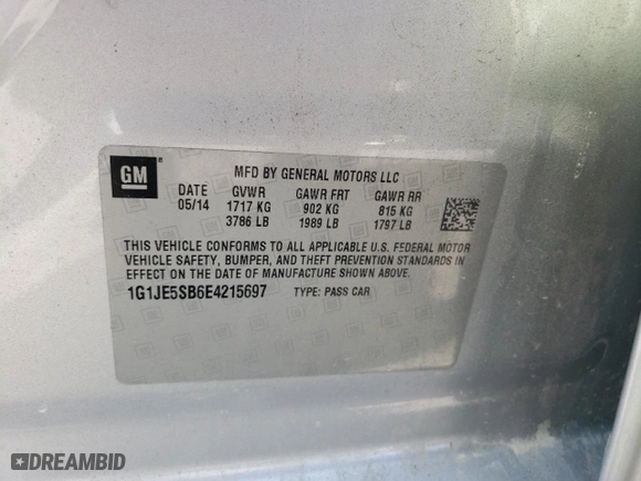 2014 Chevrolet Sonic LTZ with VIN 1G1JE5SB6E4215697, listed as a Copart auction lot 70820024 with 166,414 mi miles and Salvage Title. Bid and sale history available at carsss.com. Image 13.