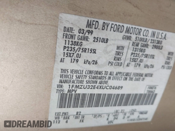 1999 Ford Explorer XLT с VIN 1FMZU32E4XUC04689, выставлен на аукционе IAAI как лот 41603038 с пробегом 336 192 миль миль и . История ставок и продаж доступна на DreamBid. Изображение 9.