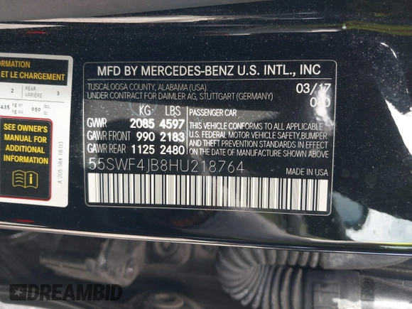 2017 Mercedes-Benz C 300 with VIN 55SWF4JB8HU218764, listed as a IAAI auction lot 42431155 with 83,673 mi miles and . Bid and sale history available at DreamBid. Image 9.