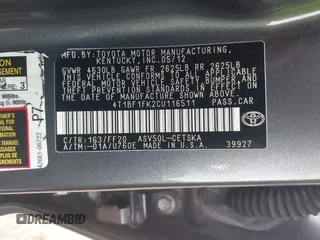 2012 Toyota Camry L with VIN 4T1BF1FK2CU116511, listed as a IAAI auction lot 41792514 with 163,908 mi miles. Bid and sale history available at carsss.com. Image 9.