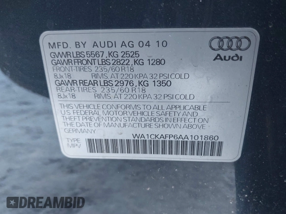 2010 Audi Q5 Premium with VIN WA1CKAFP6AA101860, listed as a IAAI auction lot 41270082 with 283,741 mi miles. Bid and sale history available at carsss.com. Image 9.