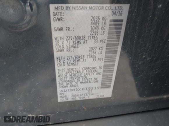 2016 Nissan Rogue SL with VIN 5N1AT2MT5GC835219, listed as a IAAI auction lot 41791029 with 148,102 mi miles. Bid and sale history available at carsss.com. Image 9.