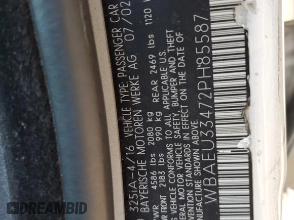 2002 BMW 3 Series 325xi z VIN WBAEU33472PH85587, wystawiony jako Copart lot #66852004 z przebiegiem 122 386 mil mil oraz Szkoda całkowita • Salvage title. Historia ofert i sprzedaży dostępna na DreamBid. Obrazek 12.