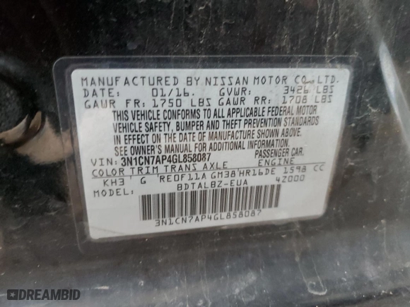 2016 Nissan Versa SV with VIN 3N1CN7AP4GL858087, listed as a Copart auction lot 85936754 with 144,751 mi miles and Salvage Title. Bid and sale history available at carsss.com. Image 12.