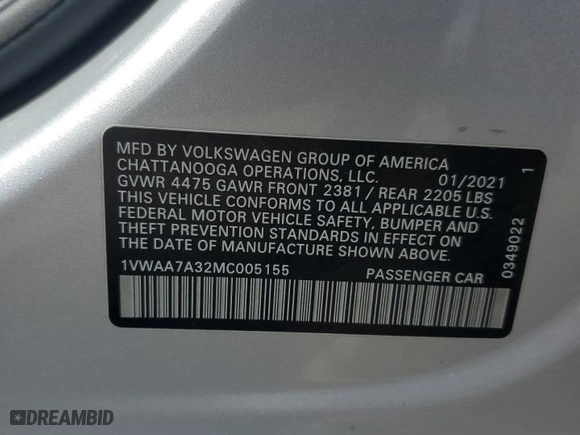 2021 Volkswagen Passat 2.0T S with VIN 1VWAA7A32MC005155, listed as a Copart auction lot 51408255 with 30,896 mi miles and Salvage Title. Bid and sale history available at carsss.com. Image 12.