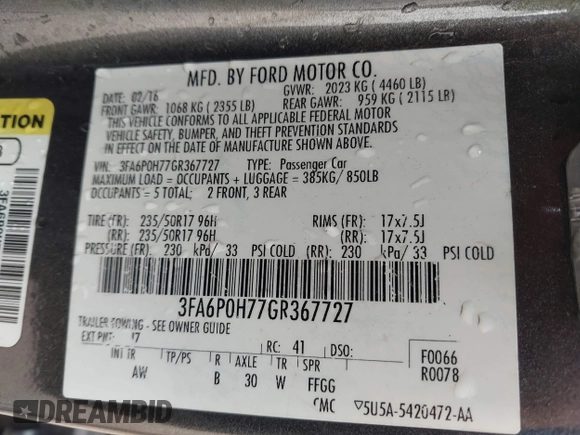 2016 Ford Fusion SE z VIN 3FA6P0H77GR367727, wystawiony jako IAAI lot #42274323 z przebiegiem 309 852 mil mil oraz . Historia ofert i sprzedaży dostępna na DreamBid. Obrazek 9.