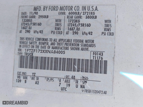 1999 Ford F-150 Work Series with VIN 1FTZF172XXNA84005, listed as a IAAI auction lot 41683608 with 289,294 mi miles. Bid and sale history available at carsss.com. Image 9.