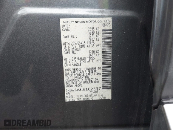 2020 Nissan Murano S with VIN 5N1AZ2AS8LN162337, listed as a IAAI auction lot 41686558 with 49,735 mi miles and . Bid and sale history available at DreamBid. Image 9.