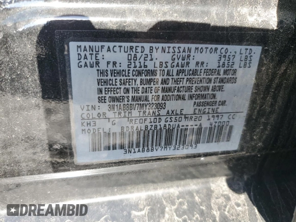 2021 Nissan Sentra S with VIN 3N1AB8BV7MY323093, listed as a Copart auction lot 50192145 with 41,119 mi miles and Salvage Title. Bid and sale history available at DreamBid. Image 12.