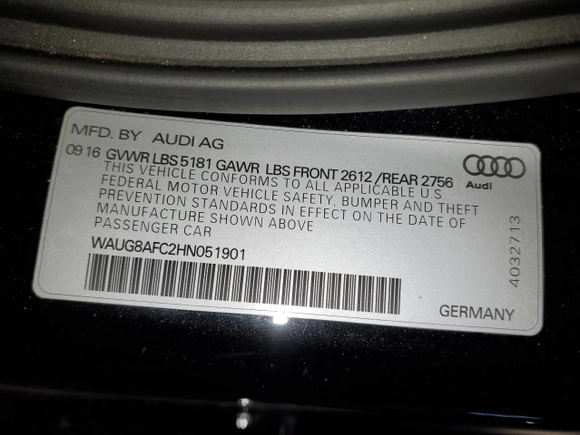 2017 Audi A6 Premium Plus with VIN WAUG8AFC2HN051901, listed as a Copart auction lot 39212413 with 50,508 mi miles. Bid and sale history available at carsss.com. Image 14.