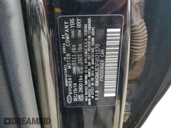 2015 Hyundai Genesis 3.8L with VIN KMHGN4JE3FU071370, listed as a Copart auction lot 68129914 with 131,112 mi miles and Salvage Title. Bid and sale history available at carsss.com. Image 14.
