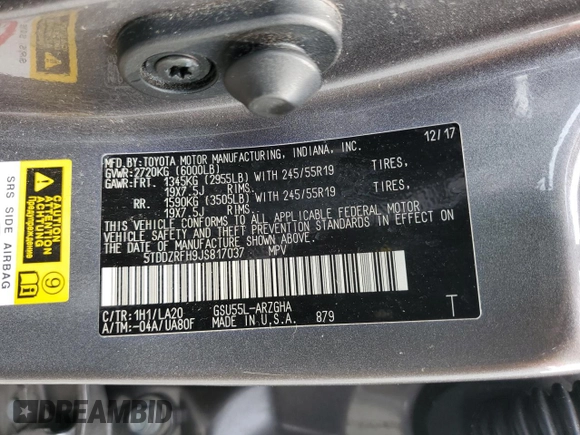 2018 Toyota Highlander Limited with VIN 5TDDZRFH9JS817037, listed as a Copart auction lot 60607945 with 101,624 mi miles and Salvage title. Bid and sale history available at DreamBid. Image 14.