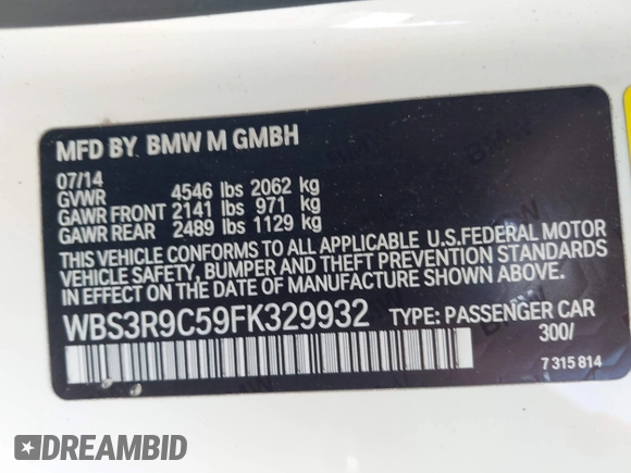 2015 BMW M4 with VIN WBS3R9C59FK329932, listed as a IAAI auction lot 42721629 with 108,029 mi miles and . Bid and sale history available at DreamBid. Image 9.