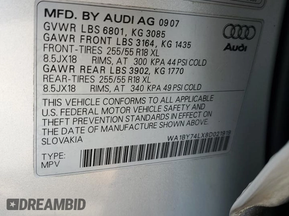2008 Audi Q7 Premium with VIN WA1BY74LX8D021919, listed as a Copart auction lot 56683595 with 111,613 mi miles and Salvage title. Bid and sale history available at DreamBid. Image 13.