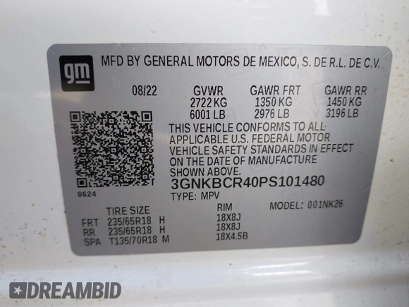2023 Chevrolet Blazer LT with VIN 3GNKBCR40PS101480, listed as a IAAI auction lot 41833476 with 44,161 mi miles and . Bid and sale history available at DreamBid. Image 9.