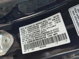 2009 Honda CR-V EX-L with VIN 5J6RE38789L034754, listed as a IAAI auction lot 41682960 with 65,314 mi miles. Bid and sale history available at carsss.com. Image 9.