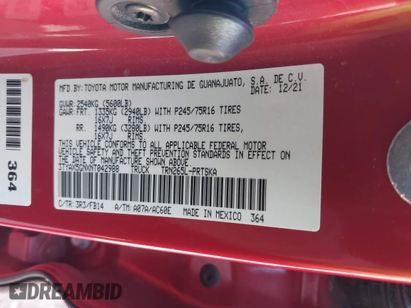 2022 Toyota Tacoma SR with VIN 3TYAX5GNXNT042988, listed as a IAAI auction lot 41879152 with 30,383 mi miles and . Bid and sale history available at DreamBid. Image 9.