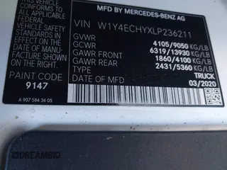 2020 Mercedes-Benz Sprinter Cargo with VIN W1Y4ECHYXLP236211, listed as a IAAI auction lot 41705378 with 139,901 mi miles and . Bid and sale history available at carsss.com. Image 9.