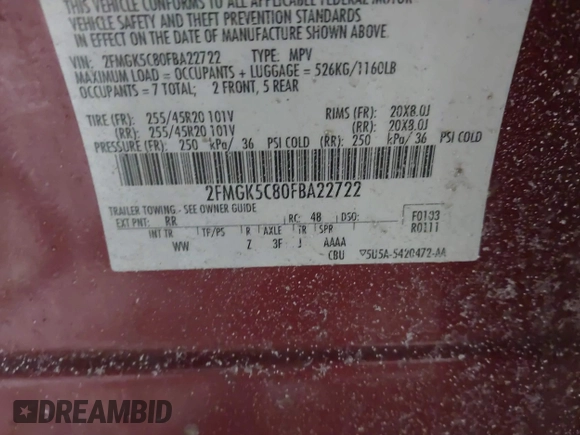 2015 Ford Flex SEL with VIN 2FMGK5C80FBA22722, listed as a IAAI auction lot 41620190 with 62,294 mi miles. Bid and sale history available at carsss.com. Image 9.