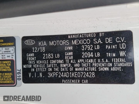 2019 Kia Forte LXS z VIN 3KPF24AD1KE072428, wystawiony jako Copart lot #57261645 z przebiegiem 118 153 mil mil oraz Czysty tytuł • Clean title. Historia ofert i sprzedaży dostępna na DreamBid. Obrazek 13.