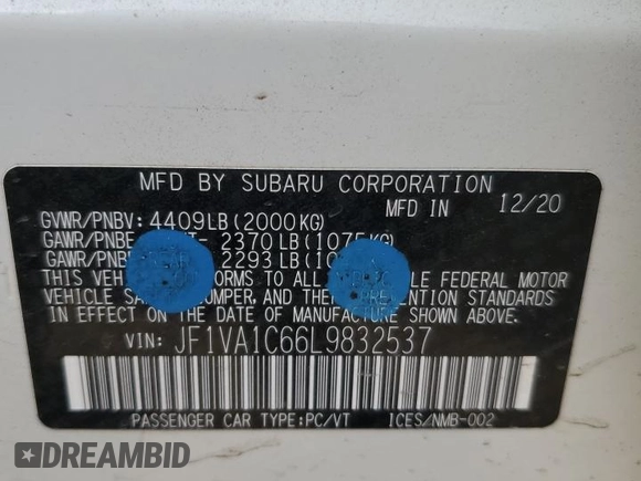 2020 Subaru WRX Premium with VIN JF1VA1C66L9832537, listed as a Copart auction lot 46789495 with 74,173 mi miles and Salvage Title. Bid and sale history available at carsss.com. Image 14.