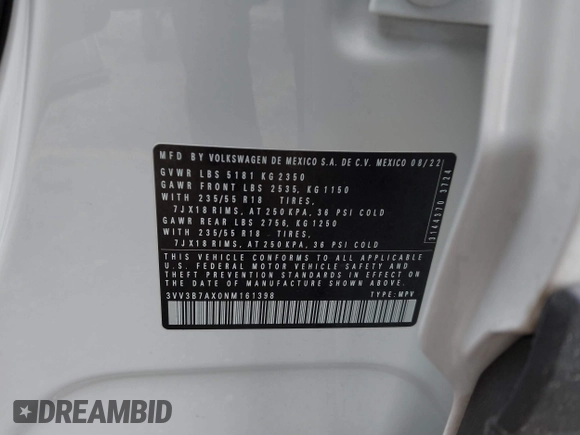 2022 Volkswagen Tiguan SE with VIN 3VV3B7AX0NM161398, listed as a IAAI auction lot 41290692 with 47,970 mi miles and . Bid and sale history available at DreamBid. Image 9.